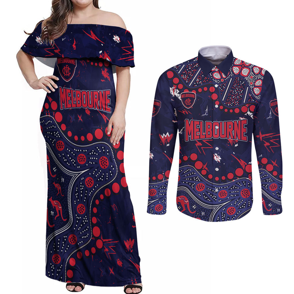 Personalized Melbourne Demons Couples Matching Off Shoulder Maxi Dress and Long Sleeve Button Shirt Aboriginal Pattern with Graffiti Style