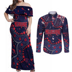 Personalized Melbourne Demons Couples Matching Off Shoulder Maxi Dress and Long Sleeve Button Shirt Aboriginal Pattern with Graffiti Style