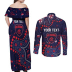 Personalized Melbourne Demons Couples Matching Off Shoulder Maxi Dress and Long Sleeve Button Shirt Aboriginal Pattern with Graffiti Style