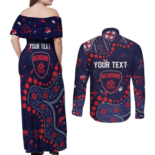 Personalized Melbourne Demons Couples Matching Off Shoulder Maxi Dress and Long Sleeve Button Shirt Aboriginal Pattern with Graffiti Style