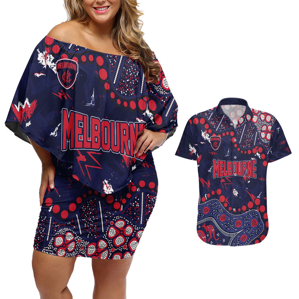 Personalized Melbourne Demons Couples Matching Off Shoulder Short Dress and Hawaiian Shirt Aboriginal Pattern with Graffiti Style
