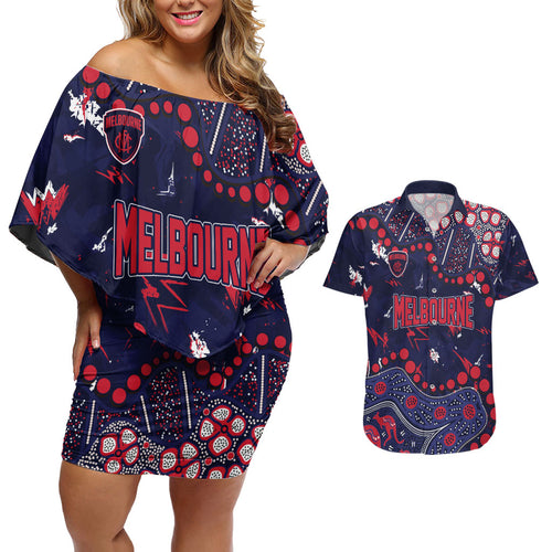 Personalized Melbourne Demons Couples Matching Off Shoulder Short Dress and Hawaiian Shirt Aboriginal Pattern with Graffiti Style