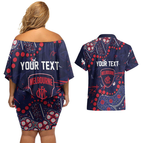 Personalized Melbourne Demons Couples Matching Off Shoulder Short Dress and Hawaiian Shirt Aboriginal Pattern with Graffiti Style