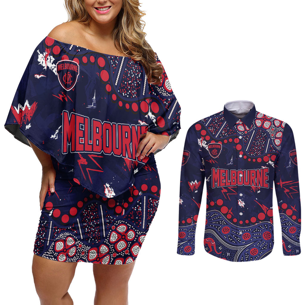 Personalized Melbourne Demons Couples Matching Off Shoulder Short Dress and Long Sleeve Button Shirt Aboriginal Pattern with Graffiti Style