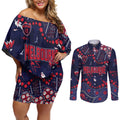 Personalized Melbourne Demons Couples Matching Off Shoulder Short Dress and Long Sleeve Button Shirt Aboriginal Pattern with Graffiti Style