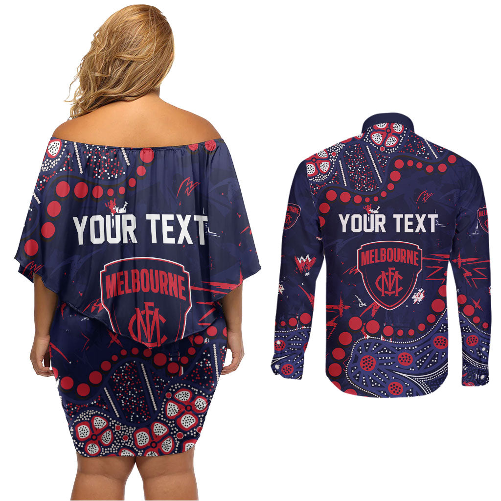Personalized Melbourne Demons Couples Matching Off Shoulder Short Dress and Long Sleeve Button Shirt Aboriginal Pattern with Graffiti Style