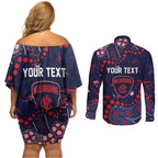 Personalized Melbourne Demons Couples Matching Off Shoulder Short Dress and Long Sleeve Button Shirt Aboriginal Pattern with Graffiti Style