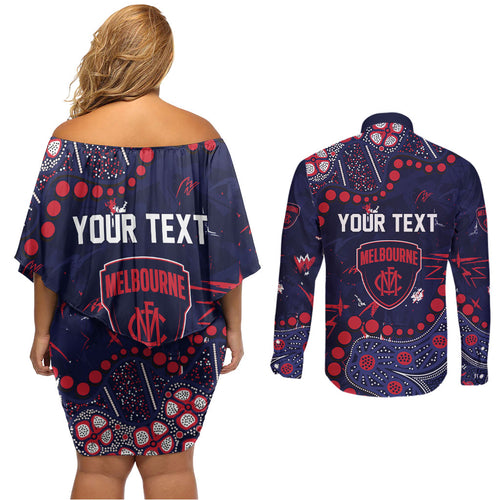 Personalized Melbourne Demons Couples Matching Off Shoulder Short Dress and Long Sleeve Button Shirt Aboriginal Pattern with Graffiti Style