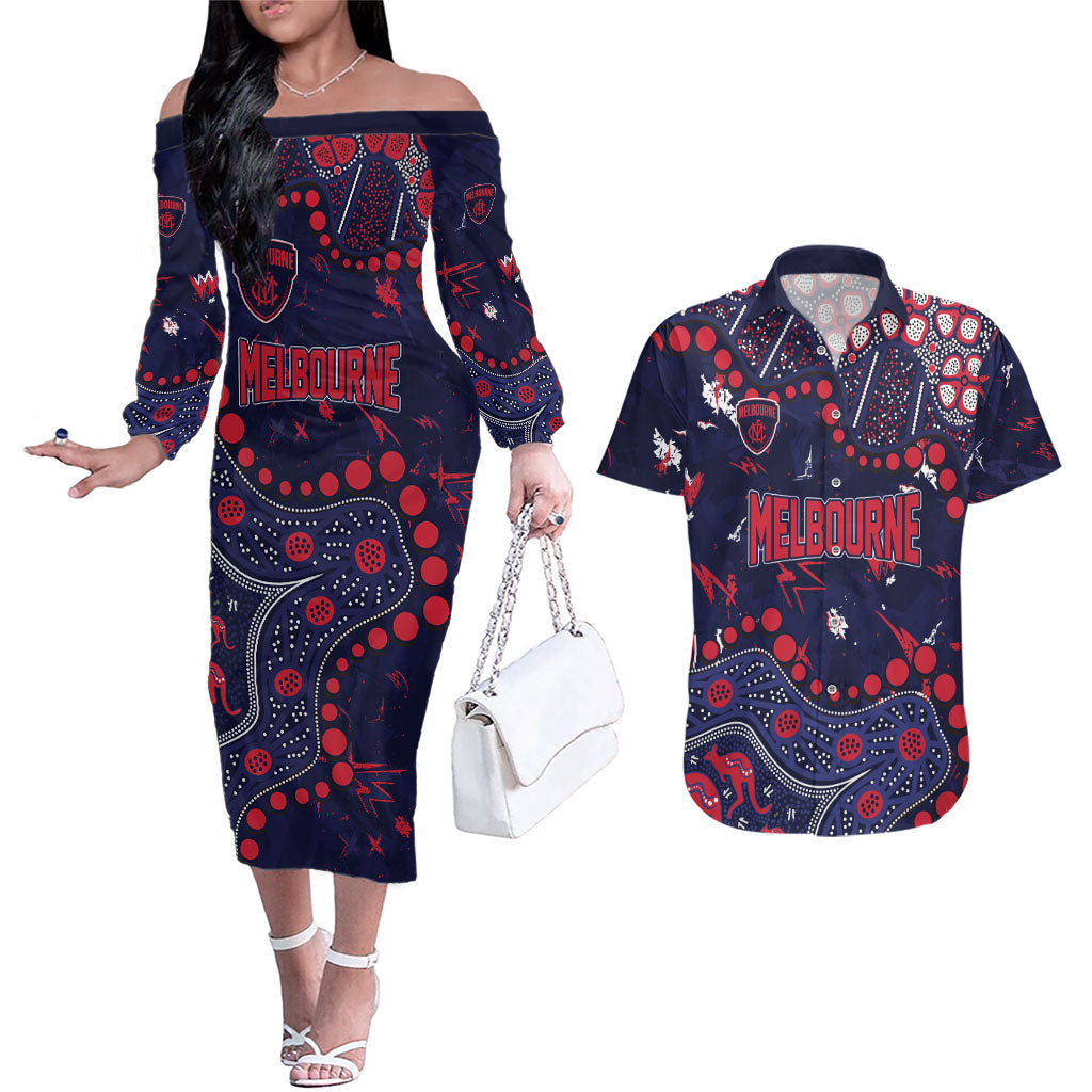 Personalized Melbourne Demons Couples Matching Off The Shoulder Long Sleeve Dress and Hawaiian Shirt Aboriginal Pattern with Graffiti Style
