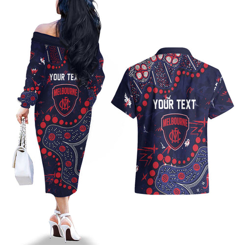 Personalized Melbourne Demons Couples Matching Off The Shoulder Long Sleeve Dress and Hawaiian Shirt Aboriginal Pattern with Graffiti Style