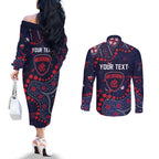 Personalized Melbourne Demons Couples Matching Off The Shoulder Long Sleeve Dress and Long Sleeve Button Shirt Aboriginal Pattern with Graffiti Style