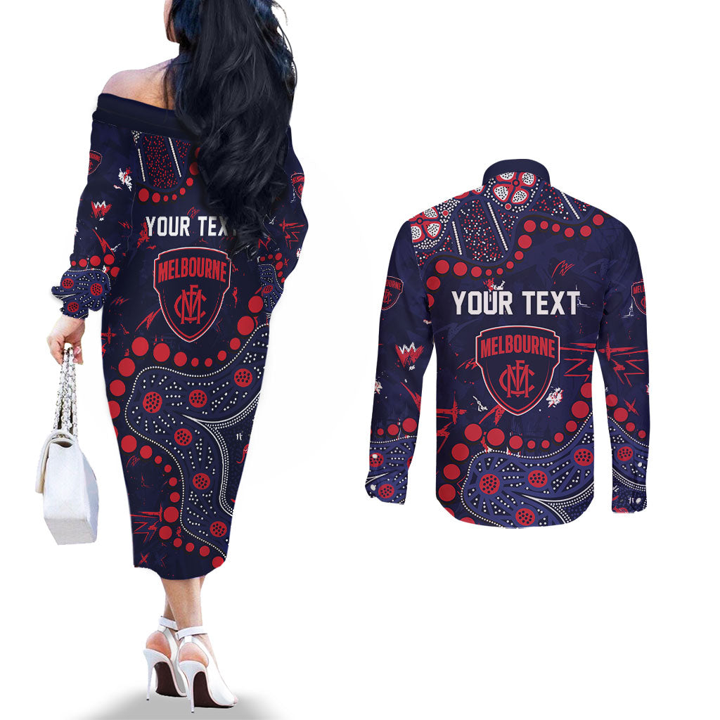 Personalized Melbourne Demons Couples Matching Off The Shoulder Long Sleeve Dress and Long Sleeve Button Shirt Aboriginal Pattern with Graffiti Style