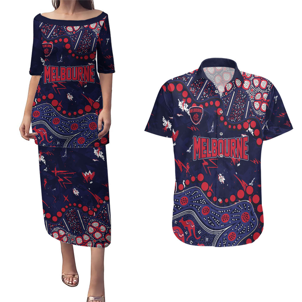 Personalized Melbourne Demons Couples Matching Puletasi and Hawaiian Shirt Aboriginal Pattern with Graffiti Style