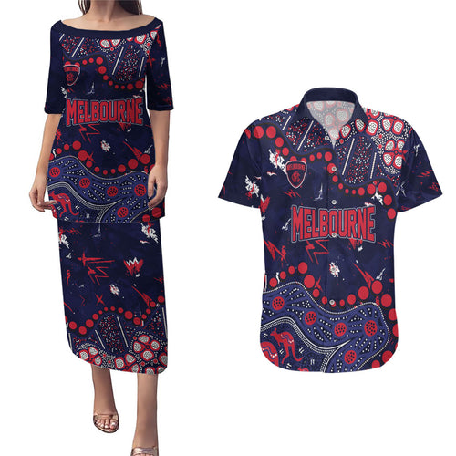 Personalized Melbourne Demons Couples Matching Puletasi and Hawaiian Shirt Aboriginal Pattern with Graffiti Style