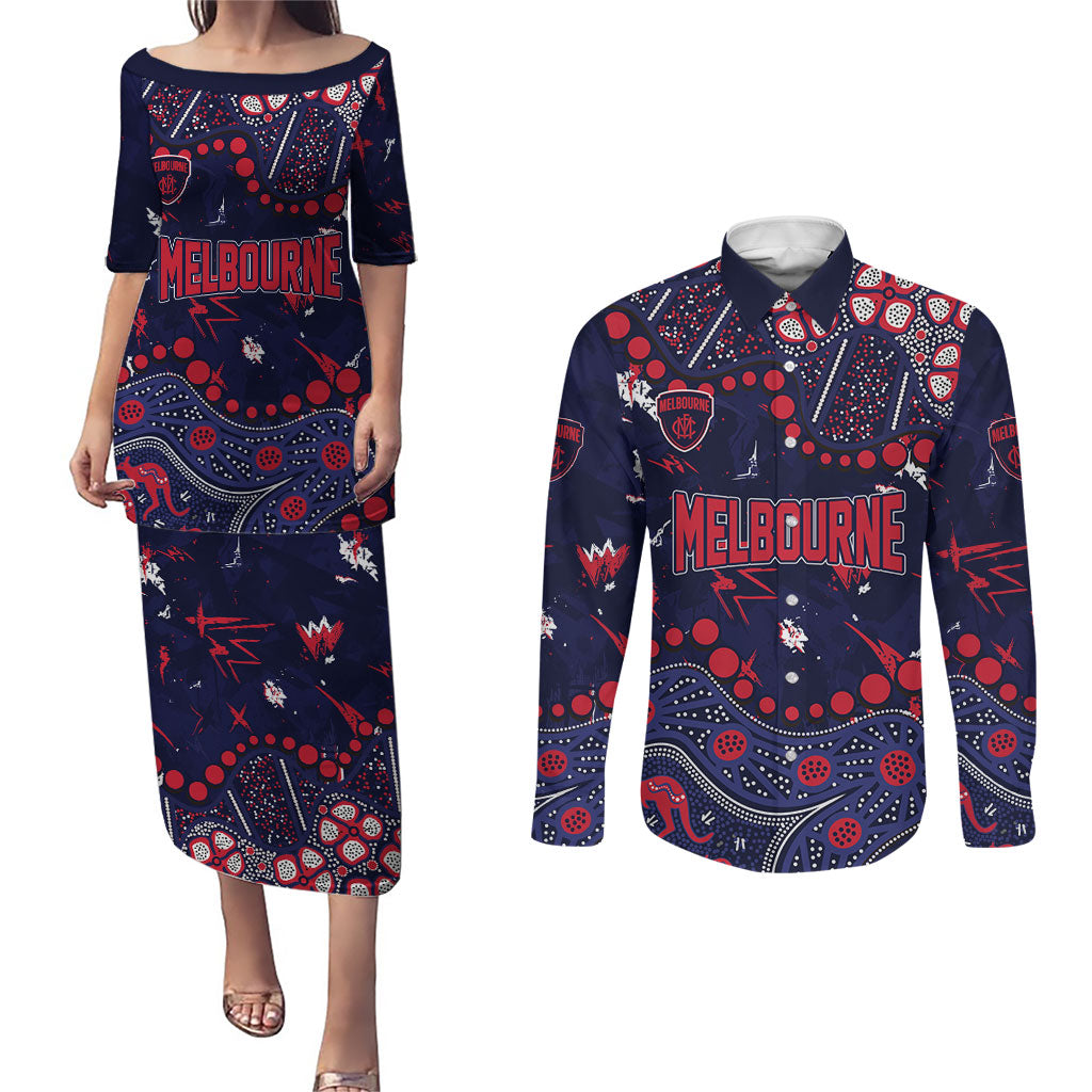 Personalized Melbourne Demons Couples Matching Puletasi and Long Sleeve Button Shirt Aboriginal Pattern with Graffiti Style