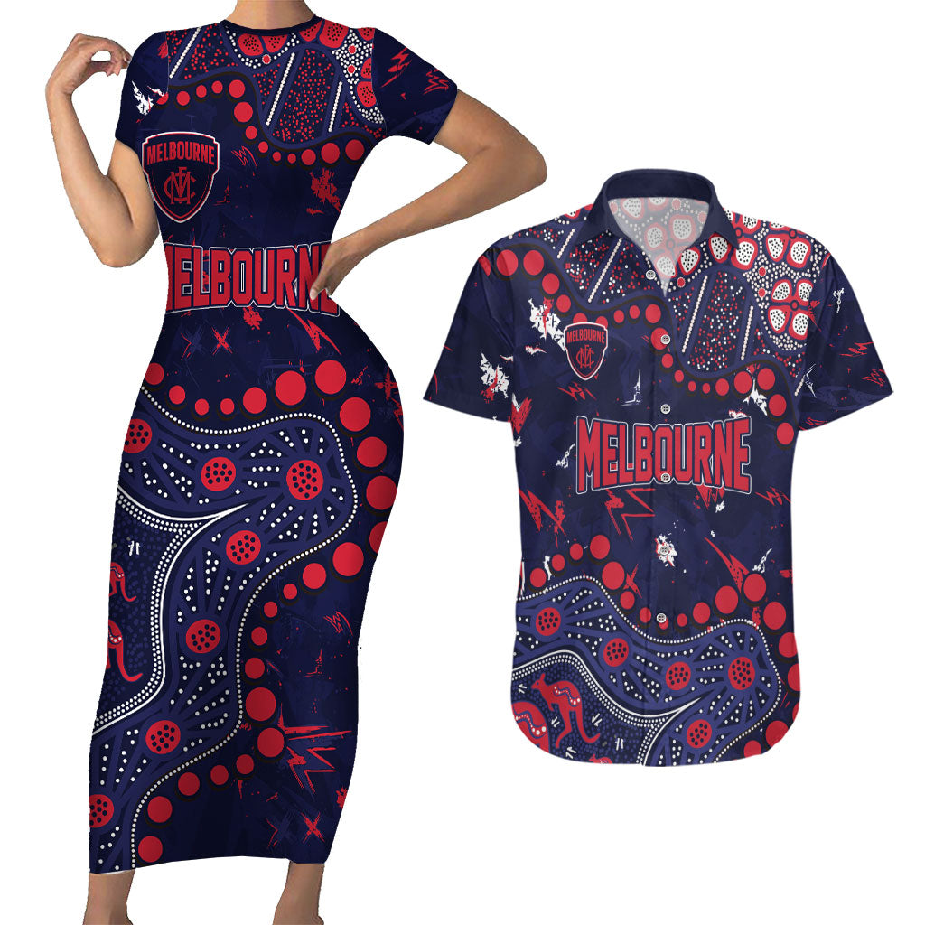Personalized Melbourne Demons Couples Matching Short Sleeve Bodycon Dress and Hawaiian Shirt Aboriginal Pattern with Graffiti Style