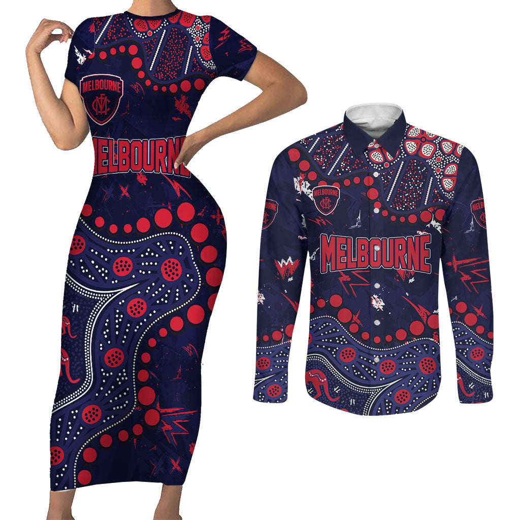 Personalized Melbourne Demons Couples Matching Short Sleeve Bodycon Dress and Long Sleeve Button Shirt Aboriginal Pattern with Graffiti Style