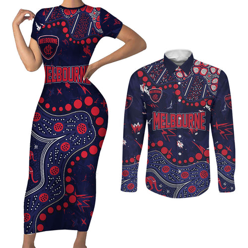 Personalized Melbourne Demons Couples Matching Short Sleeve Bodycon Dress and Long Sleeve Button Shirt Aboriginal Pattern with Graffiti Style