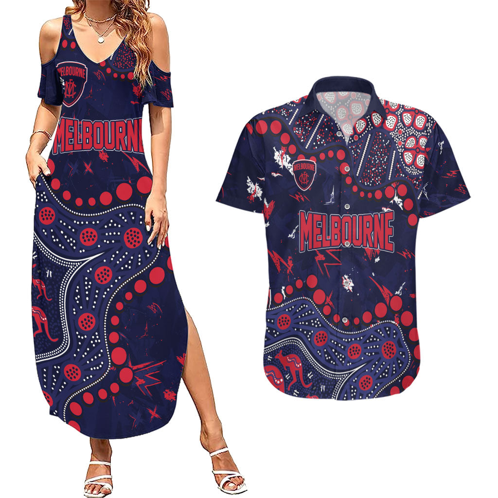 Personalized Melbourne Demons Couples Matching Summer Maxi Dress and Hawaiian Shirt Aboriginal Pattern with Graffiti Style