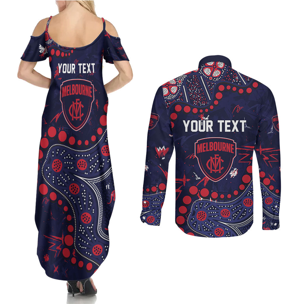 Personalized Melbourne Demons Couples Matching Summer Maxi Dress and Long Sleeve Button Shirt Aboriginal Pattern with Graffiti Style