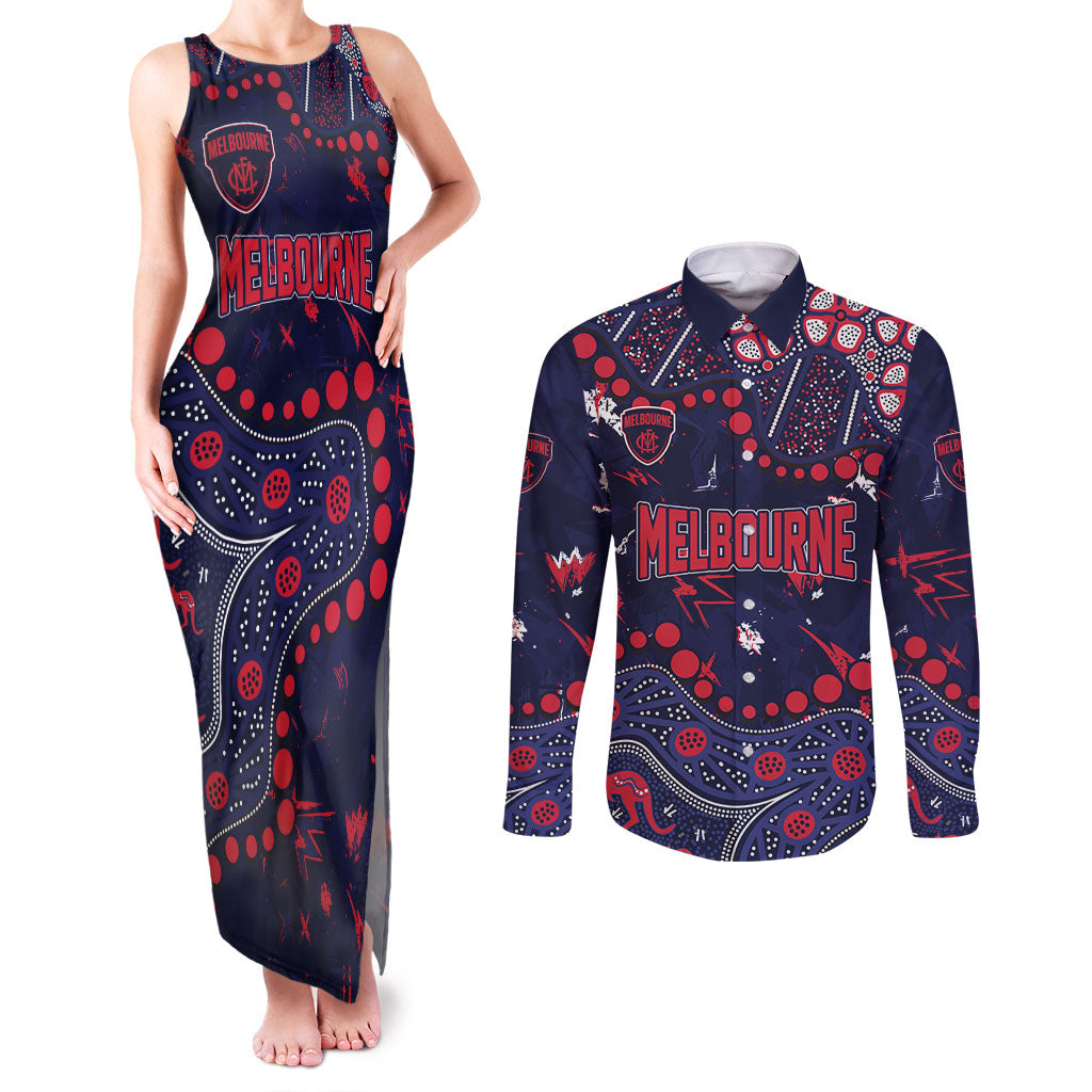 Personalized Melbourne Demons Couples Matching Tank Maxi Dress and Long Sleeve Button Shirt Aboriginal Pattern with Graffiti Style