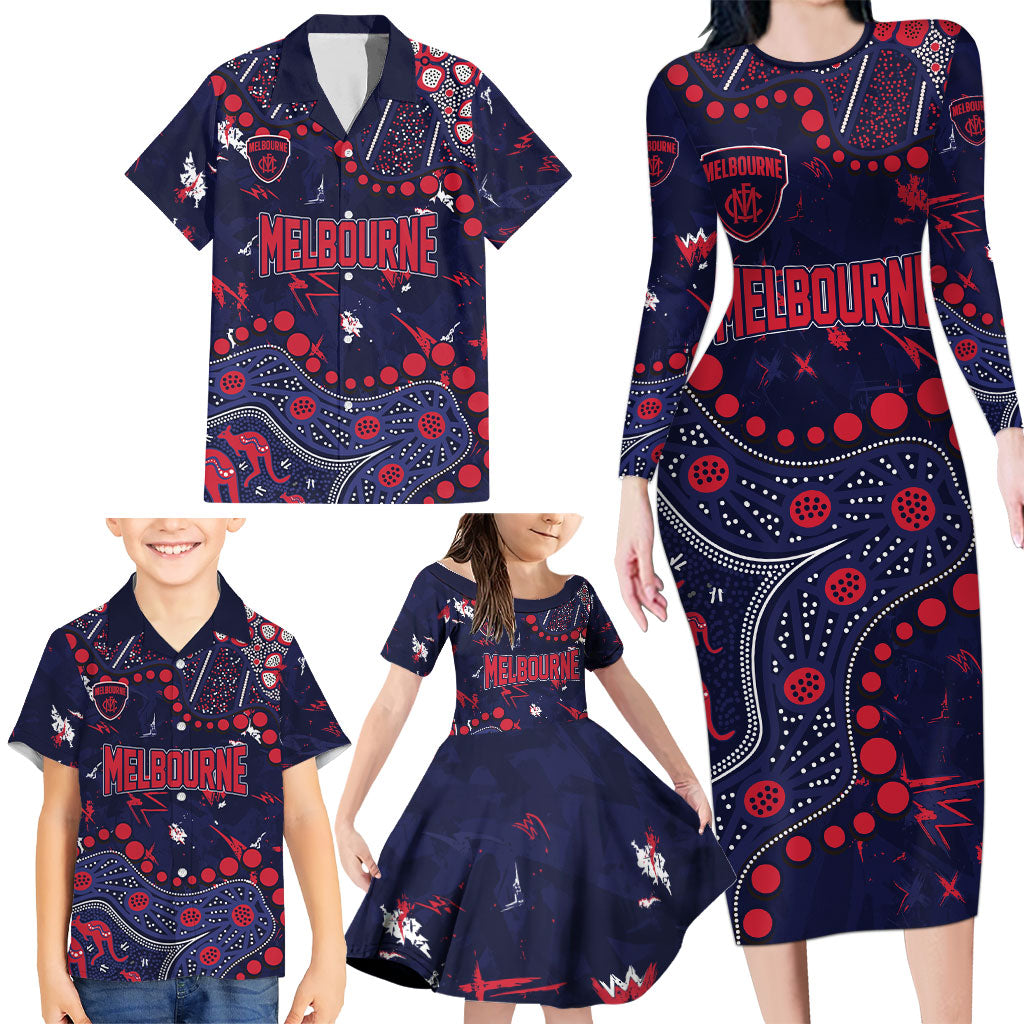 Personalized Melbourne Demons Family Matching Long Sleeve Bodycon Dress and Hawaiian Shirt Aboriginal Pattern with Graffiti Style