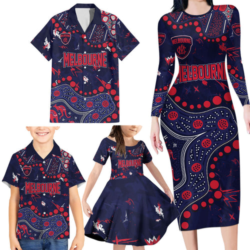 Personalized Melbourne Demons Family Matching Long Sleeve Bodycon Dress and Hawaiian Shirt Aboriginal Pattern with Graffiti Style