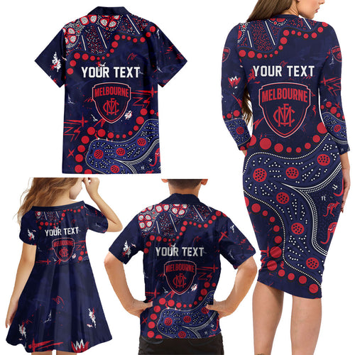 Personalized Melbourne Demons Family Matching Long Sleeve Bodycon Dress and Hawaiian Shirt Aboriginal Pattern with Graffiti Style