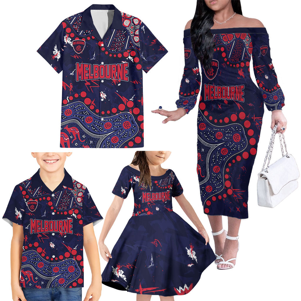 Personalized Melbourne Demons Family Matching Off The Shoulder Long Sleeve Dress and Hawaiian Shirt Aboriginal Pattern with Graffiti Style