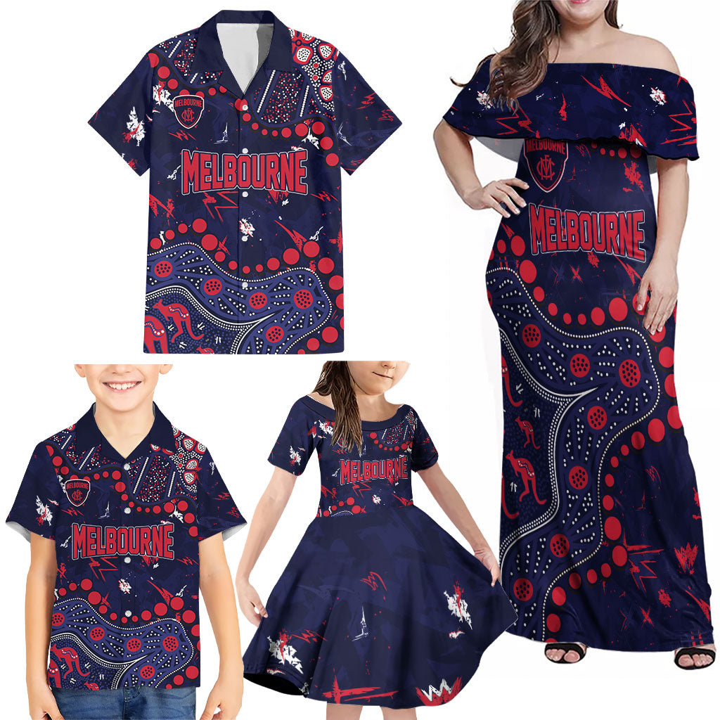 Personalized Melbourne Demons Family Matching Off Shoulder Maxi Dress and Hawaiian Shirt Aboriginal Pattern with Graffiti Style