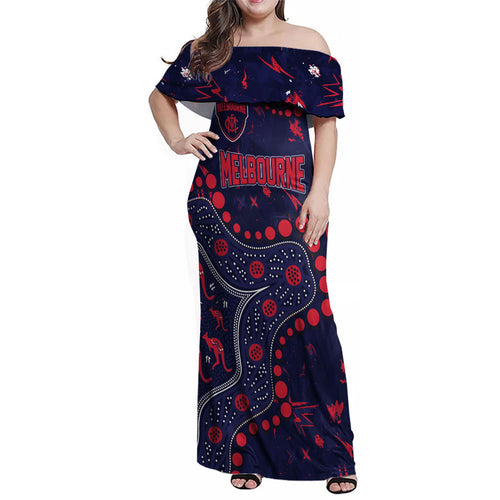 Personalized Melbourne Demons Family Matching Off Shoulder Maxi Dress and Hawaiian Shirt Aboriginal Pattern with Graffiti Style