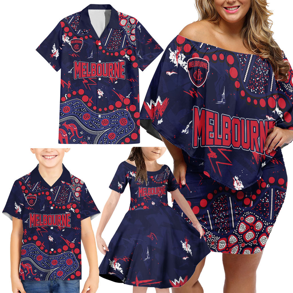 Personalized Melbourne Demons Family Matching Off Shoulder Short Dress and Hawaiian Shirt Aboriginal Pattern with Graffiti Style