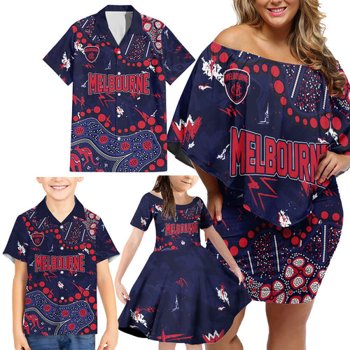 Personalized Melbourne Demons Family Matching Off Shoulder Short Dress and Hawaiian Shirt Aboriginal Pattern with Graffiti Style