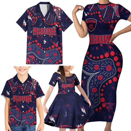 Personalized Melbourne Demons Family Matching Short Sleeve Bodycon Dress and Hawaiian Shirt Aboriginal Pattern with Graffiti Style