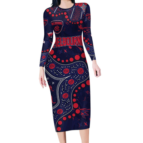 Personalized Melbourne Demons Long Sleeve Bodycon Dress Aboriginal Pattern with Graffiti Style
