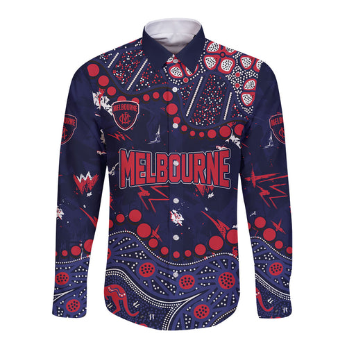 Personalized Melbourne Demons Long Sleeve Button Shirt Aboriginal Pattern with Graffiti Style
