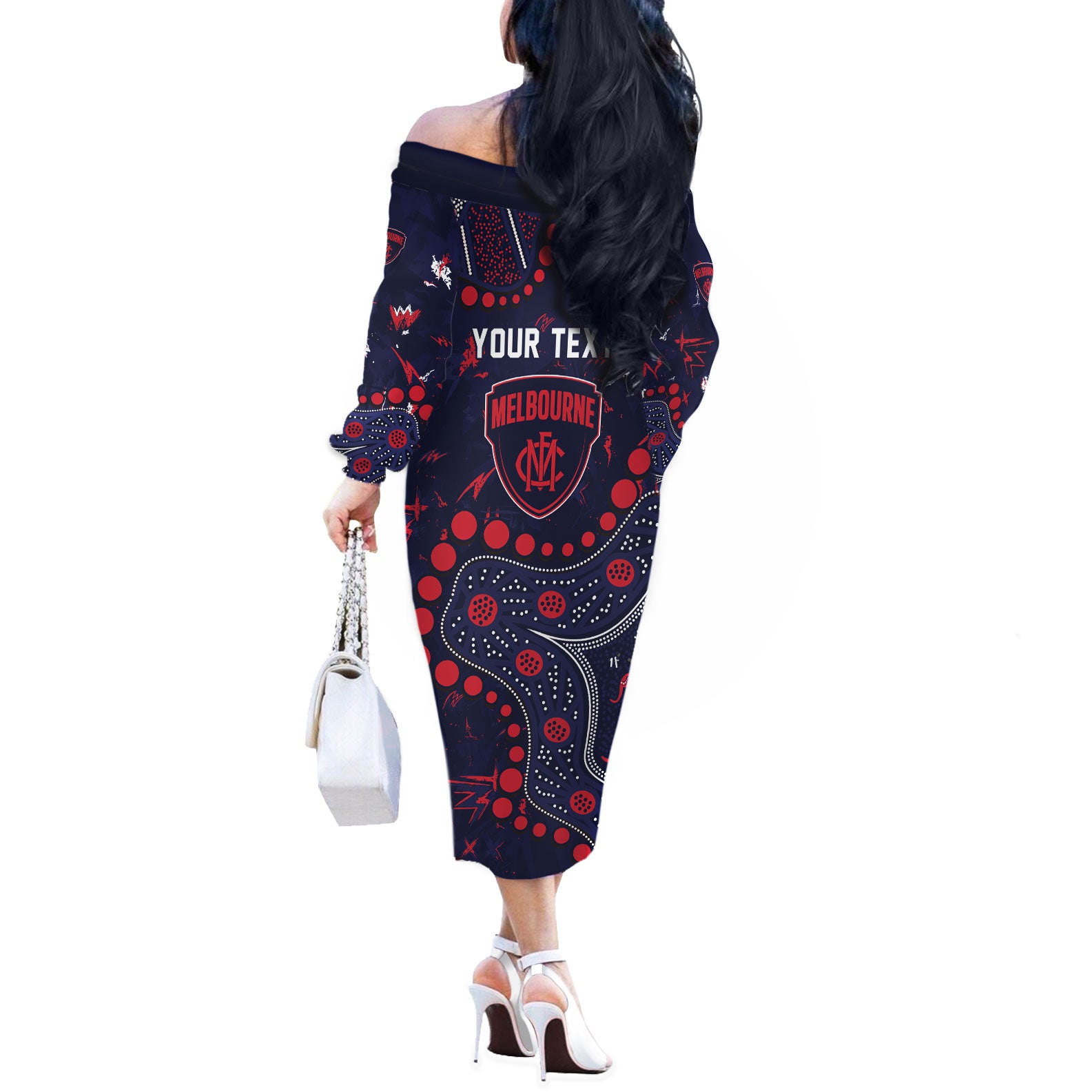 Personalized Melbourne Demons Off The Shoulder Long Sleeve Dress Aboriginal Pattern with Graffiti Style