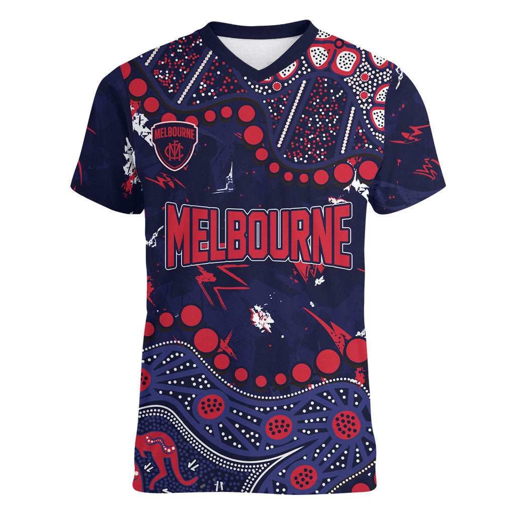 Personalized Melbourne Demons Women V-Neck T-Shirt Aboriginal Pattern with Graffiti Style