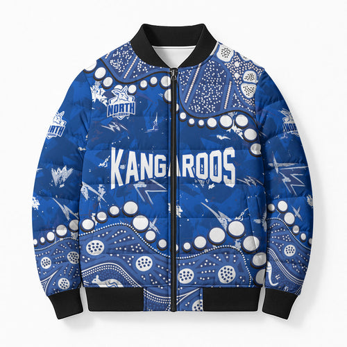 Personalized North Melbourne Kangaroos Bomber Puffer Jacket Aboriginal Pattern with Graffiti Style