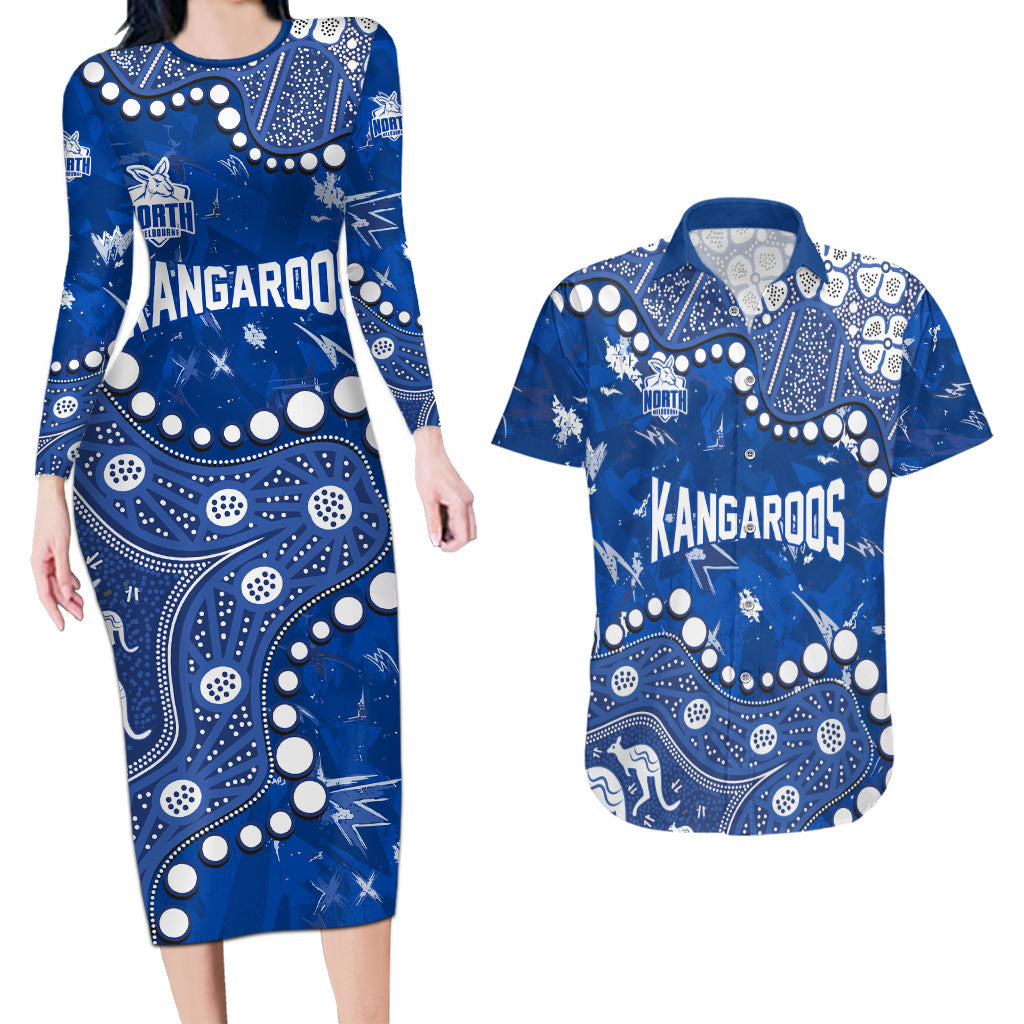 Personalized North Melbourne Kangaroos Couples Matching Long Sleeve Bodycon Dress and Hawaiian Shirt Aboriginal Pattern with Graffiti Style