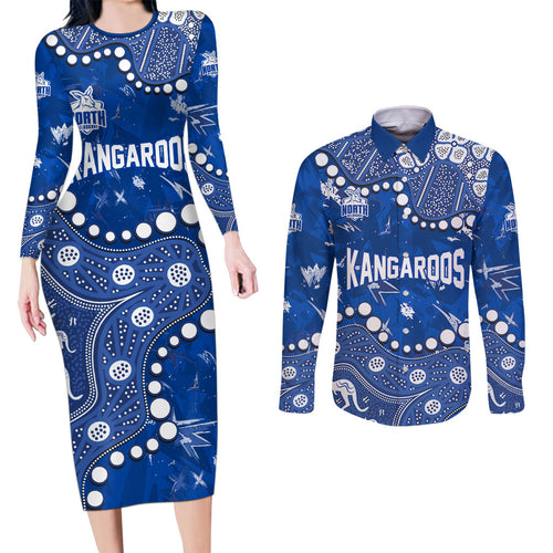 Personalized North Melbourne Kangaroos Couples Matching Long Sleeve Bodycon Dress and Long Sleeve Button Shirt Aboriginal Pattern with Graffiti Style