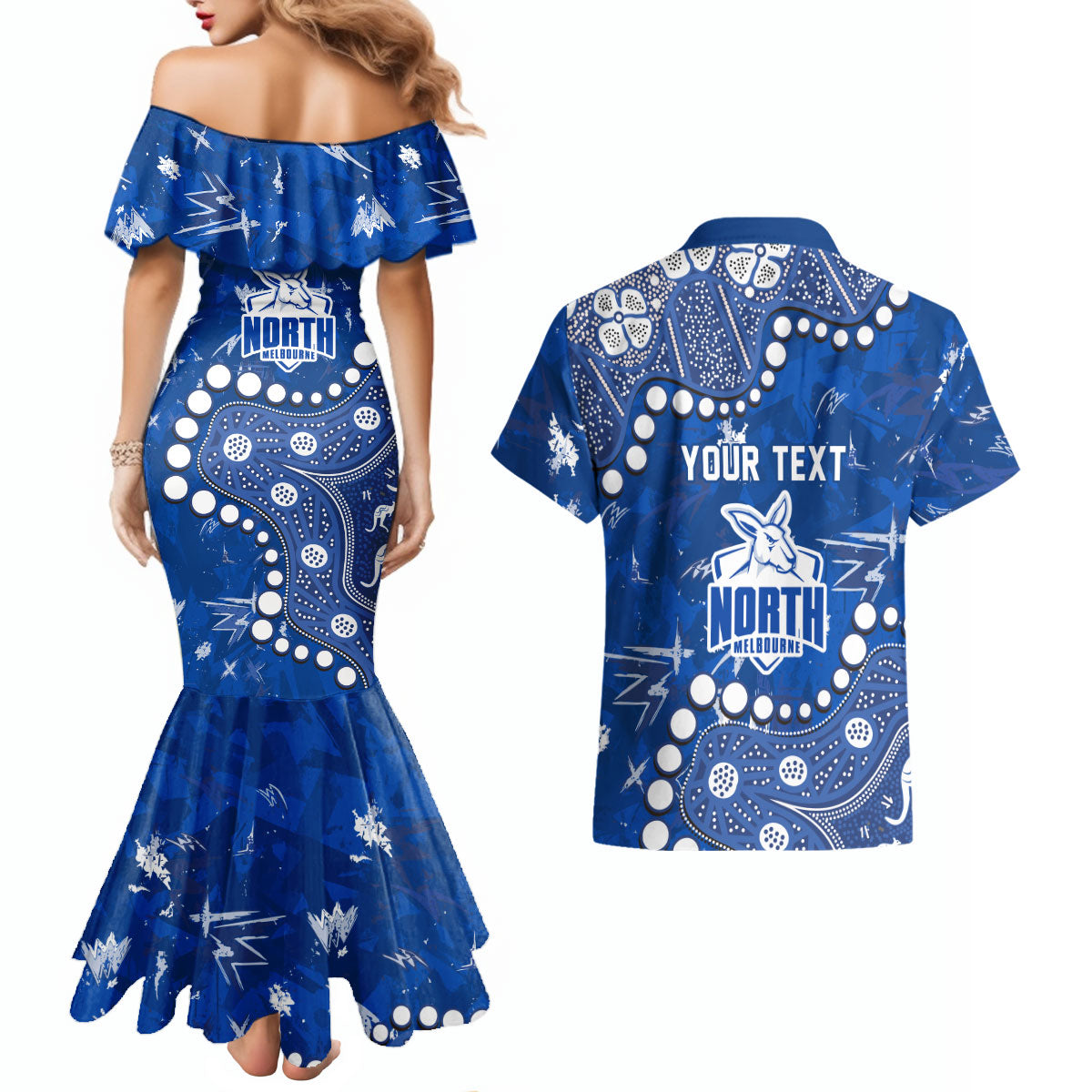 Personalized North Melbourne Kangaroos Couples Matching Mermaid Dress and Hawaiian Shirt Aboriginal Pattern with Graffiti Style