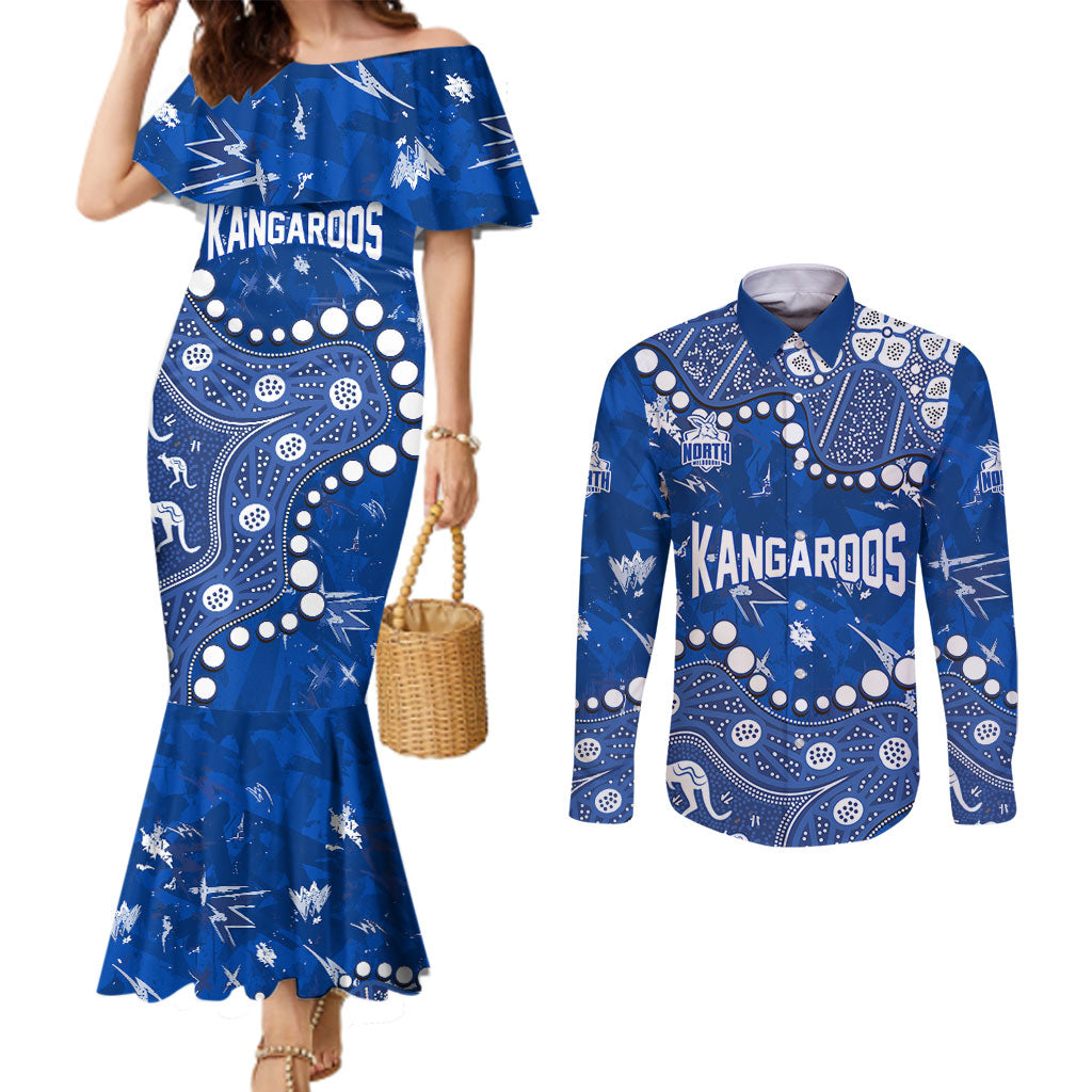 Personalized North Melbourne Kangaroos Couples Matching Mermaid Dress and Long Sleeve Button Shirt Aboriginal Pattern with Graffiti Style