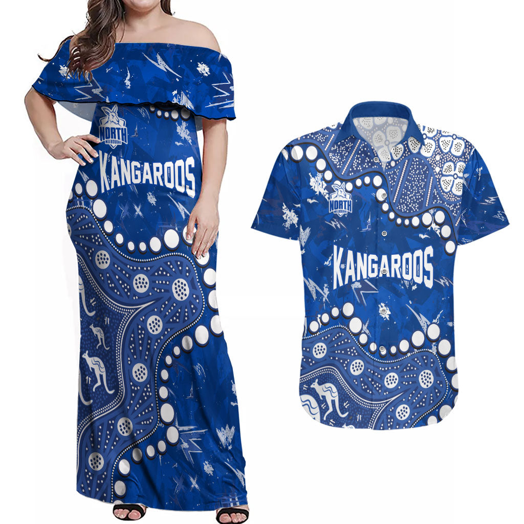 Personalized North Melbourne Kangaroos Couples Matching Off Shoulder Maxi Dress and Hawaiian Shirt Aboriginal Pattern with Graffiti Style