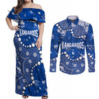Personalized North Melbourne Kangaroos Couples Matching Off Shoulder Maxi Dress and Long Sleeve Button Shirt Aboriginal Pattern with Graffiti Style