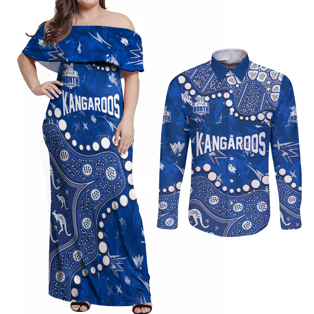 Personalized North Melbourne Kangaroos Couples Matching Off Shoulder Maxi Dress and Long Sleeve Button Shirt Aboriginal Pattern with Graffiti Style