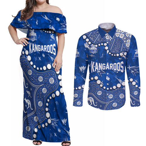 Personalized North Melbourne Kangaroos Couples Matching Off Shoulder Maxi Dress and Long Sleeve Button Shirt Aboriginal Pattern with Graffiti Style