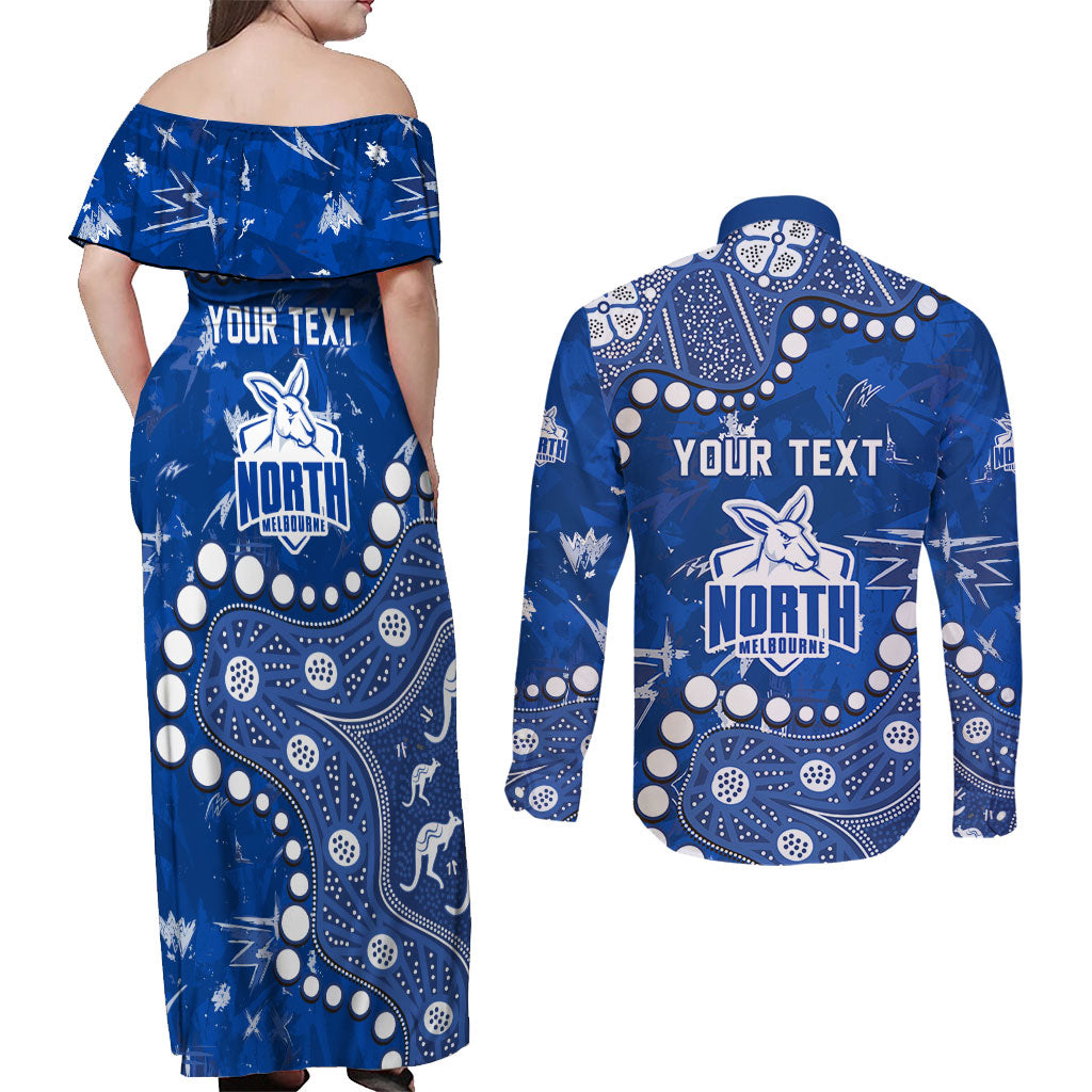 Personalized North Melbourne Kangaroos Couples Matching Off Shoulder Maxi Dress and Long Sleeve Button Shirt Aboriginal Pattern with Graffiti Style