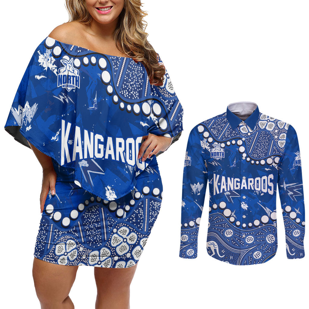 Personalized North Melbourne Kangaroos Couples Matching Off Shoulder Short Dress and Long Sleeve Button Shirt Aboriginal Pattern with Graffiti Style