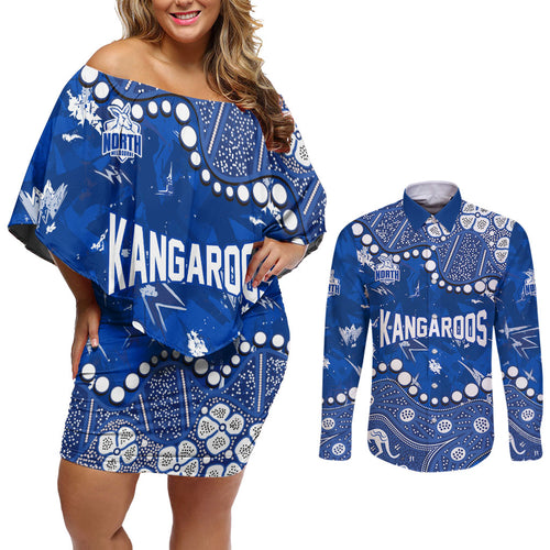 Personalized North Melbourne Kangaroos Couples Matching Off Shoulder Short Dress and Long Sleeve Button Shirt Aboriginal Pattern with Graffiti Style